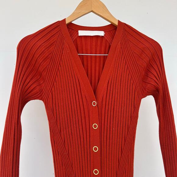 Dion Lee Gradient Ribbed Wool Snap Front Midi Dress Medium Rust Red Long Sleeve - Picture 7 of 10